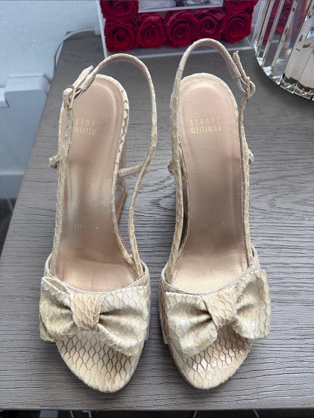 Stuart Weitzman Cream Textured Bow Slingback Heels